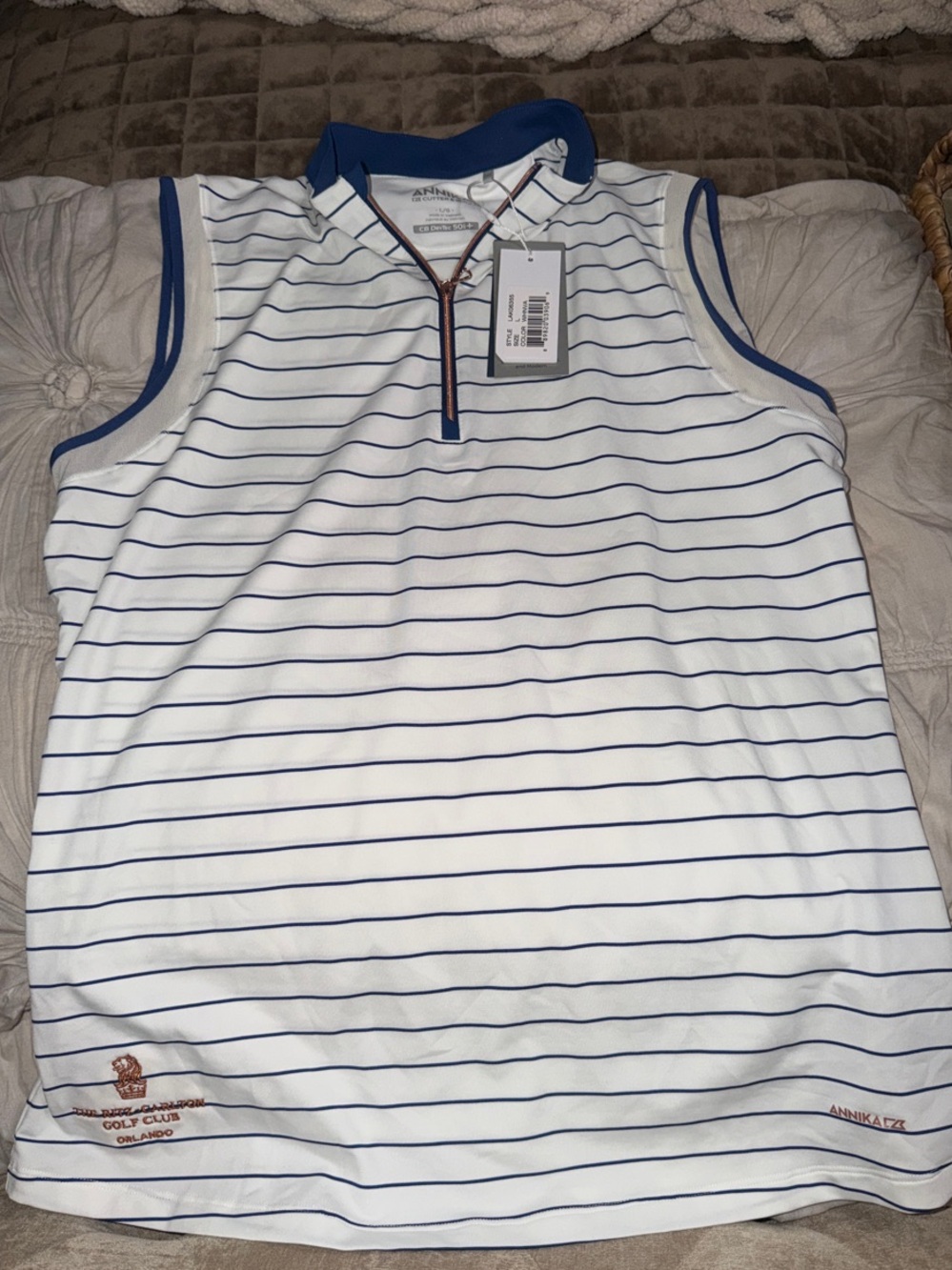 Annika Cutter&Buck Orlando Ritz Carlton White Sleeveless Polo with Blue Stripes